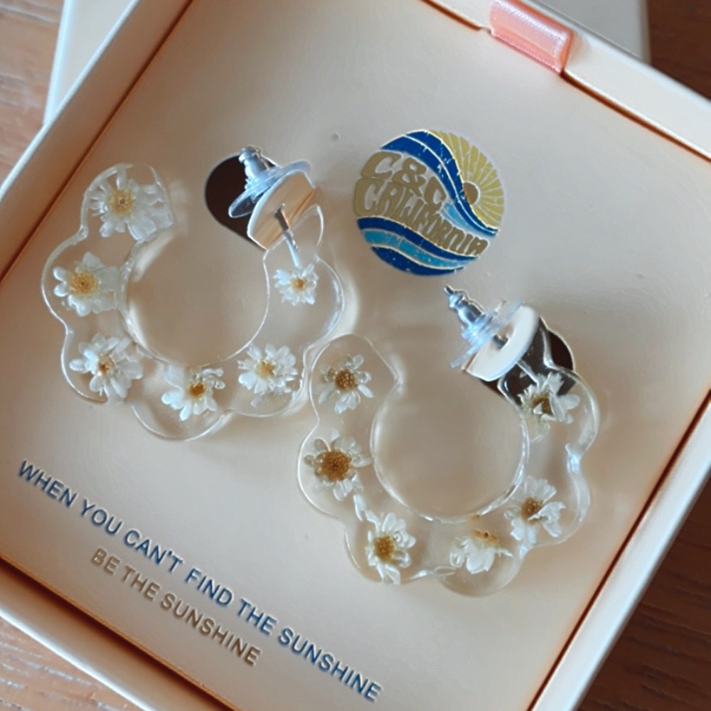 Dried flower daisy resin floral earrings hoops